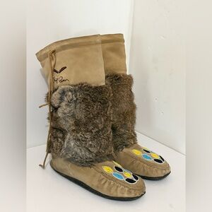 Brown/Tan Suede Mukluks- Rabbit Fur Boots with Beaded Embroidered Accents